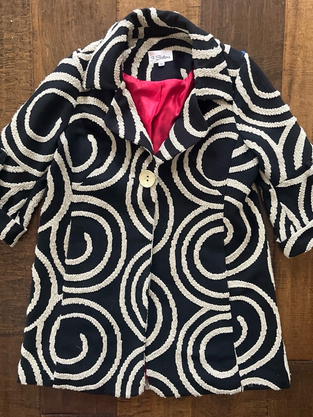 Vintage Y2K 3 Sisters mod black and white cotton jaquard swing coat Sz. Small